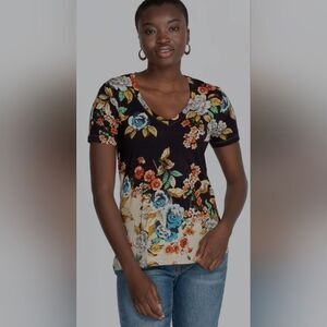 Johnny Was Black Floral V-Neck Short Sleeve Tee with Blue & Cream Accents